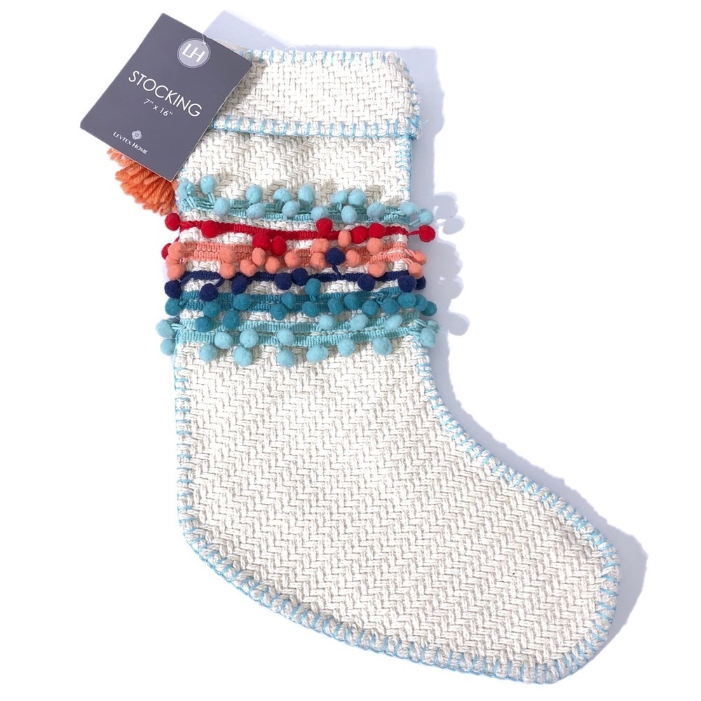 Nordstrom Levtex Home Rainbow Pom Basket Weave Christmas Hanging Fabric Stocking